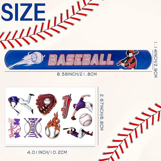 40Pcs Baseball Slap Bracelets Party Favors with Baseball Tattoo Birthday Gifts Baseball Party Decorations Snap Band for Kids Boys
