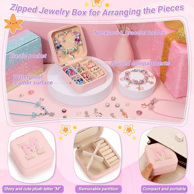 LifeisLuck Charm with Bracelet Making Kit, Jewelry Making Kit for Girls DIY Bead Necklace Kit with A to Z Bracelet Box Unicorns Crafts Arts Girls Toys Age 8-12 Birthday Gifts for Kids - M