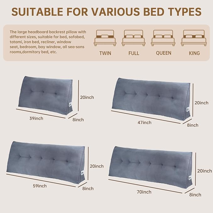 Headboard Pillow Queen Bed Wedge Pillow for Dorm, Daybed, Back Support, Sitting Up, Reading, Relaxing, Beige Cream