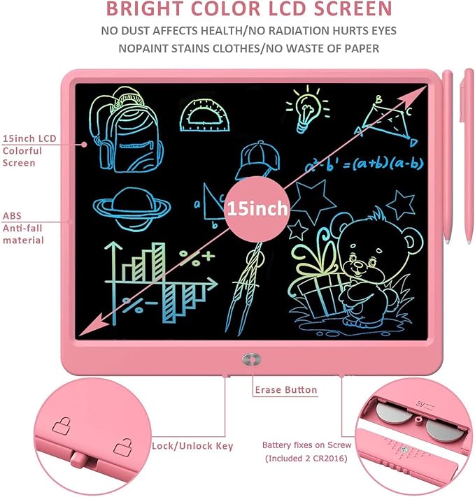 FLUESTON LCD Writing Tablet, Doodle Board Toys Gifts for 3-8 Year Old Girls Boys, 15 Inch Colorful Electronic Board Drawing Pad for Kids, Christmas Gifts for Toddler Educational Learning Travel, Pink