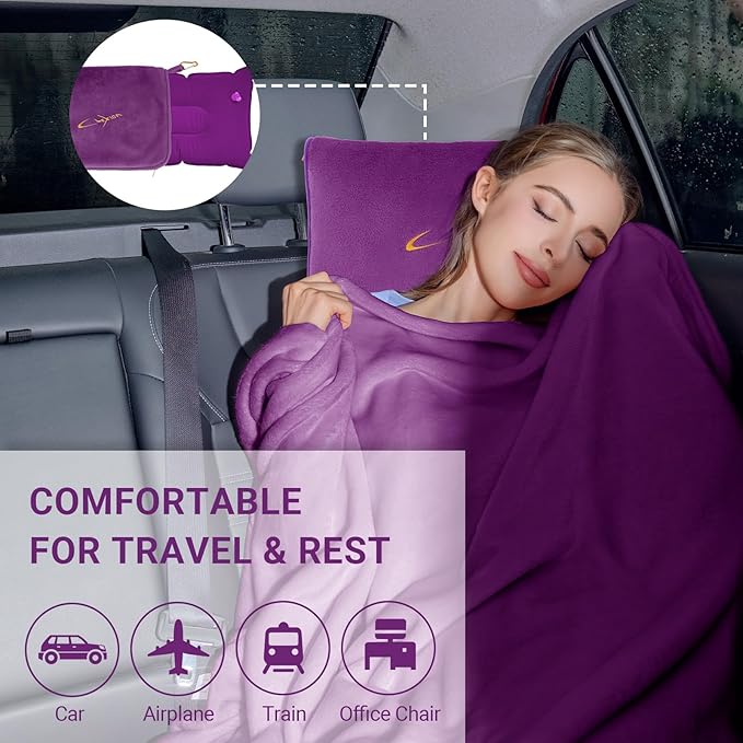 CLEXION Travel Blanket & Pillow Set, 300 GSM Soft Fleece, 60x43 Inches, 3-in-1 Airplane Blanket, Travel Pillow and Blanket Set, Travel Blanket Airplane Compact with Bag, Travel Essentials, Violet
