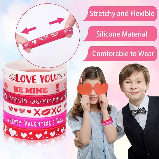 JUNEBRUSHS 42pcs Valentine's Day Party Favors Silicone Bracelets Pink Red Love Heart Rubber Wristbands Accessories for Adults Valentine's Day Party Decorations Gift (6 Designs)
