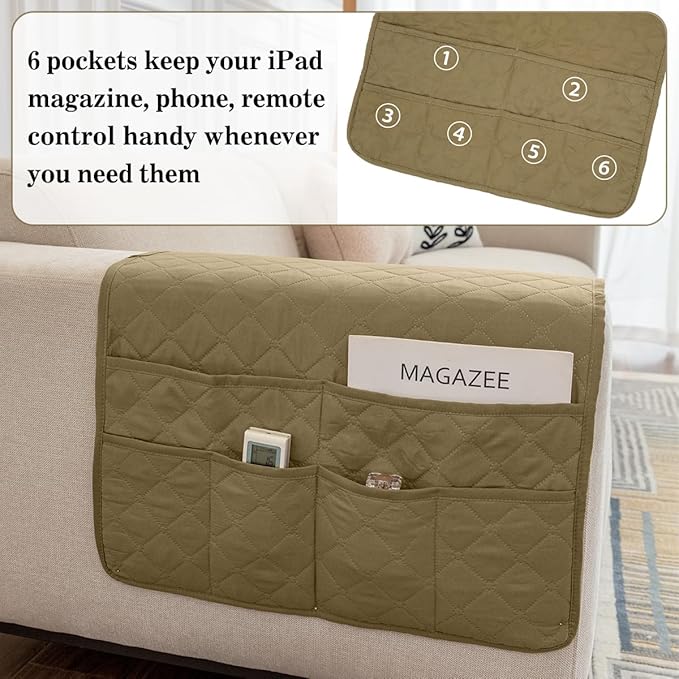 Bedside Caddy for Couch Remote Control Holder Recliner Armrest Organizer Non Slip Sofa Armchair Caddy with 6 Pocket Storage for Magazine, Tablet, Phone, iPad, Camel