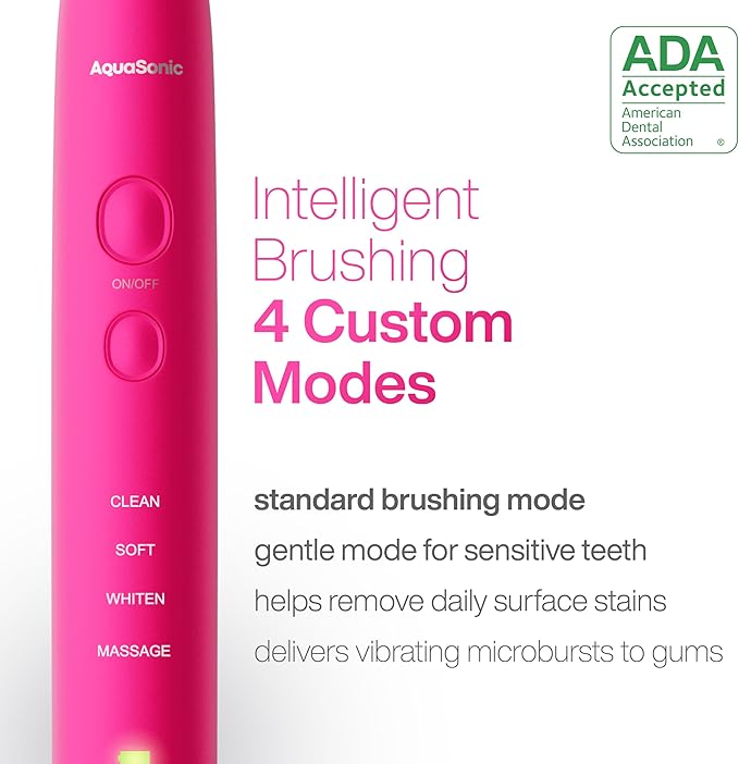 Aquasonic Vibe Series Ultra-Whitening Toothbrush – ADA Accepted Electric Toothbrush - 8 Brush Heads & Travel Case – 40,000 VPM Motor & Wireless Charging - 4 Modes w Smart Timer – Electric Pink