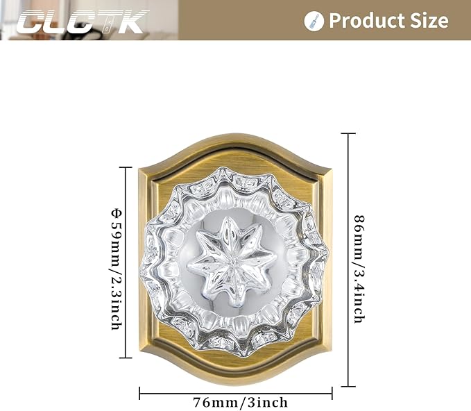 CLCTK 2 Pack Crystal Glass Dummy Door Knobs, Non-Turning Single Side Dummy Door Knob for Interior Doors in Antique Brass