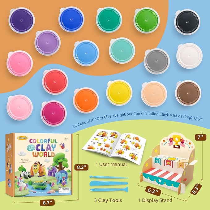 Air Dry Clay Kit for Kids - Comes with Instructional Guide Featuring 4 Scenes & 26 Projects Tutorials, 18 Cans of Modeling Clay, Includes Display Stand, Gift for Girls and Boys