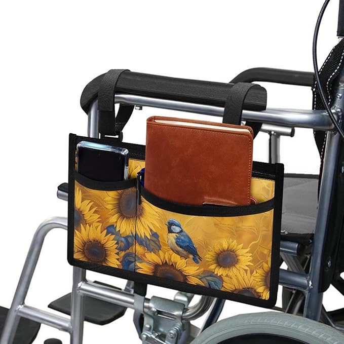ZOUTAIRONG Sunflower Bird Wheelchair Side Bag Walker Bag, Elegant Floral Rustic Botanical Vintage Teal Wheelchair Armrest Accessories Organizer Pouch for Walkers, Rollators, Scooters