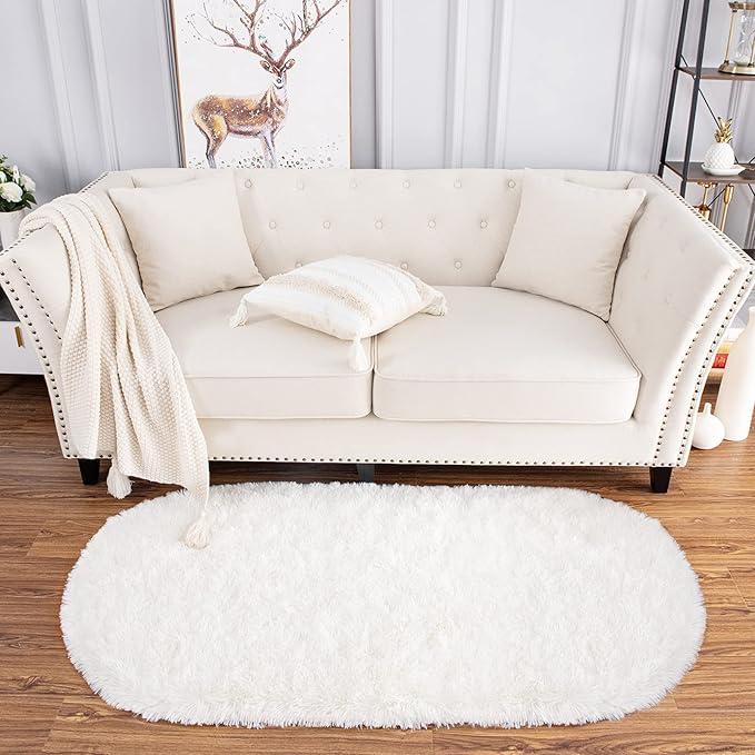 Noahas Fluffy Cream White Rugs for Bedroom Living Room,2.6'X5.3' Oval Throw Rug for Kids Room,Shag Hallway Runner Rug,Small Soft Shaggy Bedside Non-Slip Plush Nursery Dorm Carpet Home Decor