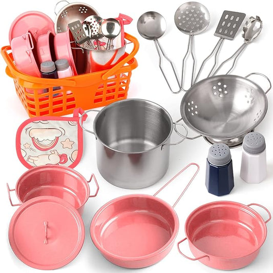 Kids Play Kitchen Toy Accessories Set Toddler Cooking Playset Colorful Stainless Steel Pots and Pans Birthday Gifts for 3+ Girls Boys (Pink)