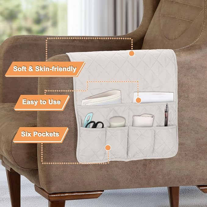 uxcell Couch Sofa Armrest Organizer Non-Slip Chair Arm Recliner Remote Control Organizer with 6 Pockets for Books, Magazines, Tablet, Phone, Plaid White