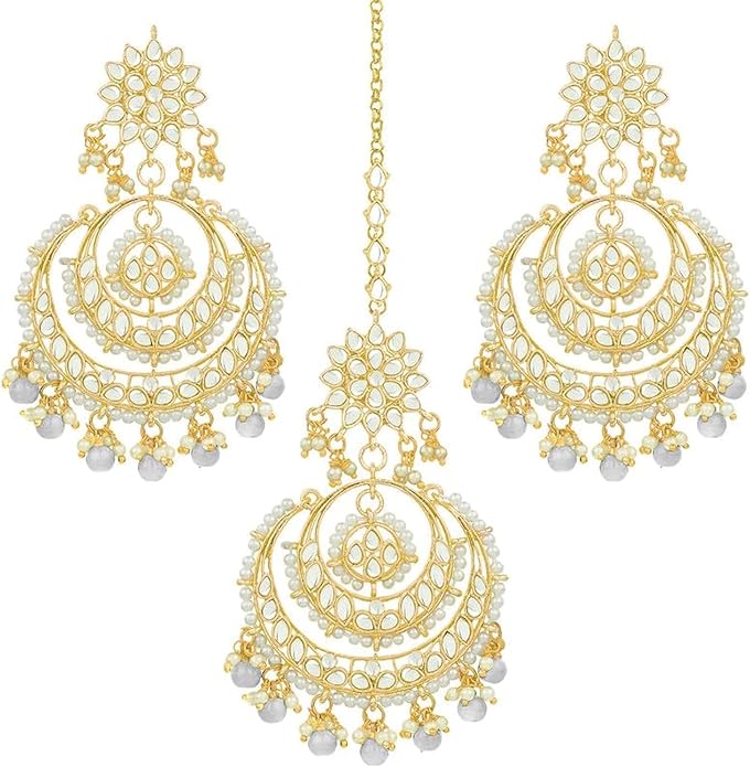 Aheli Bollywood Ethnic Chandbali Style Big Earrings Maang Tikka Set Traditional Fashion Jewelry Gift for Women