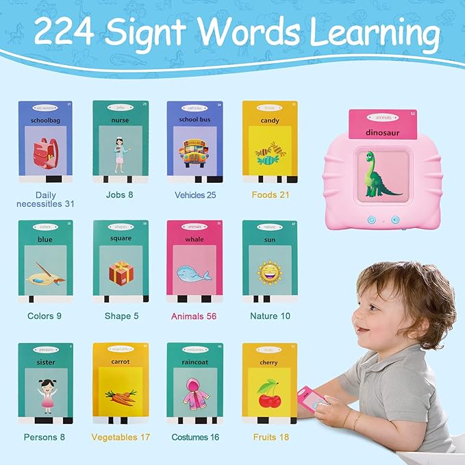 Toddler Toys for 2 3 4 5 Year Old Boys and Girls, Autism Sensory Toys for Autistic Children, Learning Montessori Toys, Speech Therapy Toys, 224 Sight Words Talking Flash Cards (Pink 224)