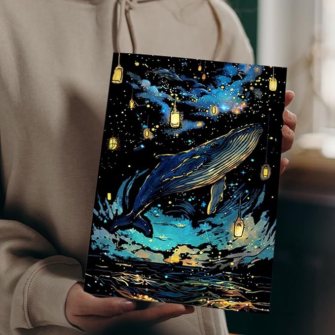 Georgie Porgy Scratch Paper Art Set for Kids Adults Magic Rainbow Painting Boards for DIY Arts and Crafts Kits Christmas Birthday Gift with Scratching Tools Kit (Glow in The Dark Butterfly + Whale)