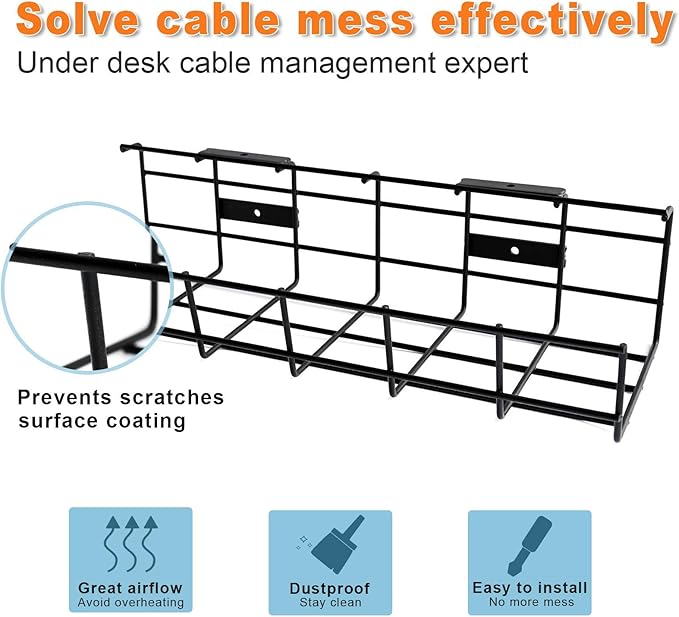 COYACOOL Under Desk Cable Management- 2 Pack Cord Organizer. Metal Wire Cable Management Tray for Office, Studio and Home. Super Sturdy Under Table Cable Management - Black Cable Organizer