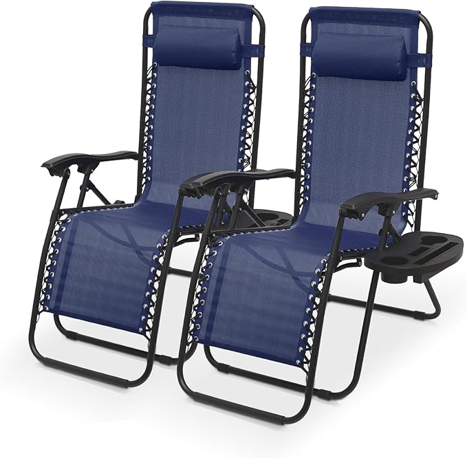 Athena Collection Zero Gravity Outdoor Lounge Chair Set of 2, 29" Width Pool Lounge Lawn Chairs Reclining with Cup Holder, Outdoor Chaise for Beach Patio Backyard Outside, Dark Blue