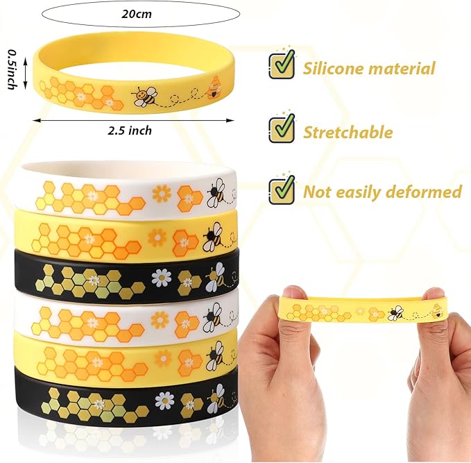Bee Bracelet Silicone Bee Wristband Assorted Color Bee Theme Party Favors Bee Teachers Decorations Classroom Decorations Bees Wristband for Boy Girl Bee Birthday Baby Shower Party Supplies (24 Pieces)