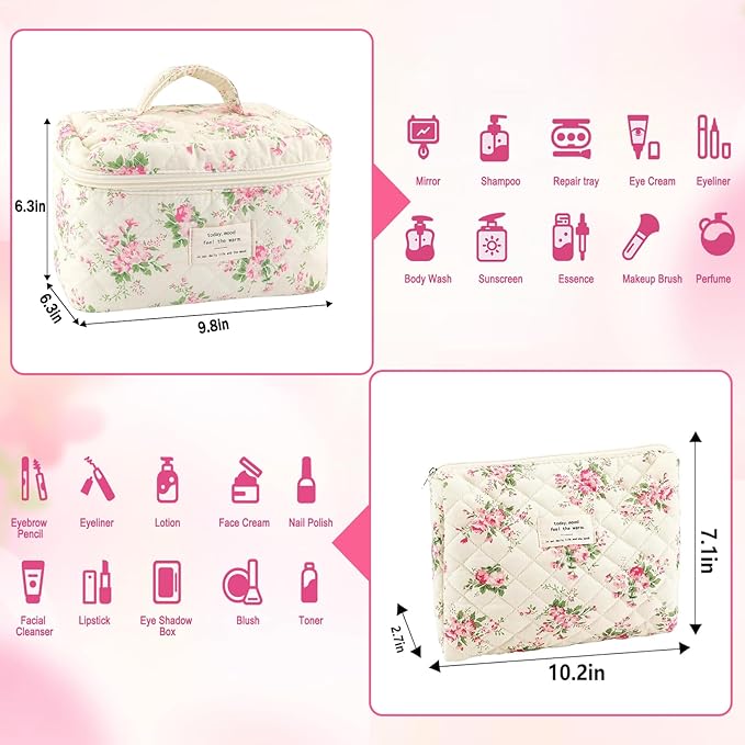 URSKYTOUS 2Pcs Cotton Quilted Makeup Bag for Women Extra Large Small Travel Cosmetic Bag Set Cute Pink Floral Print Makeup Pouch Portable Toiletry Bag Organizer Coquette Vintage Puffy Travel Essential