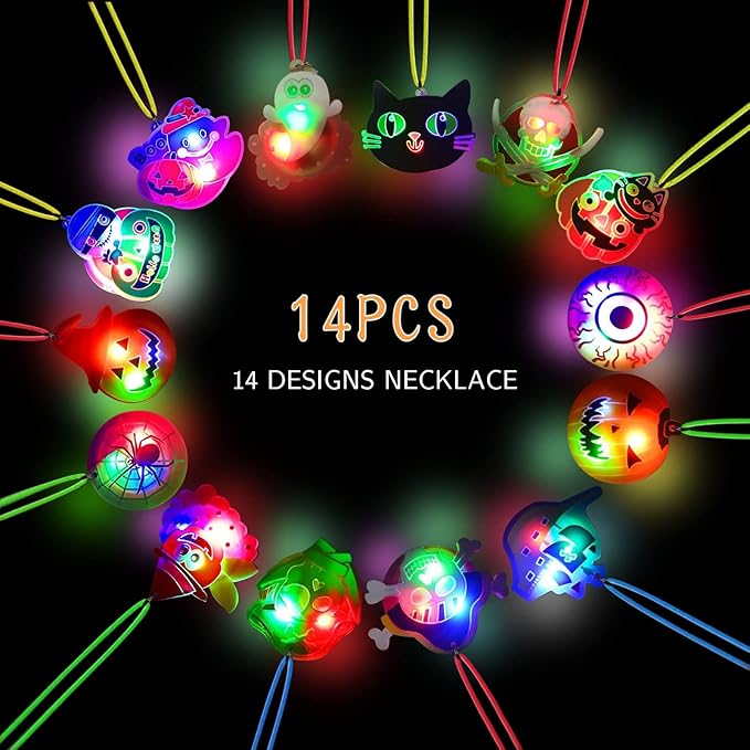 Halloween Lights- 24 pcs Halloween LED Necklace Bracelets Pumpkin Ghost Pirate Spider Eyeball Halloween Party Favor Light up Flashing Decoration Trick Treats Gift Bag Fillers for Women Men Family Pack