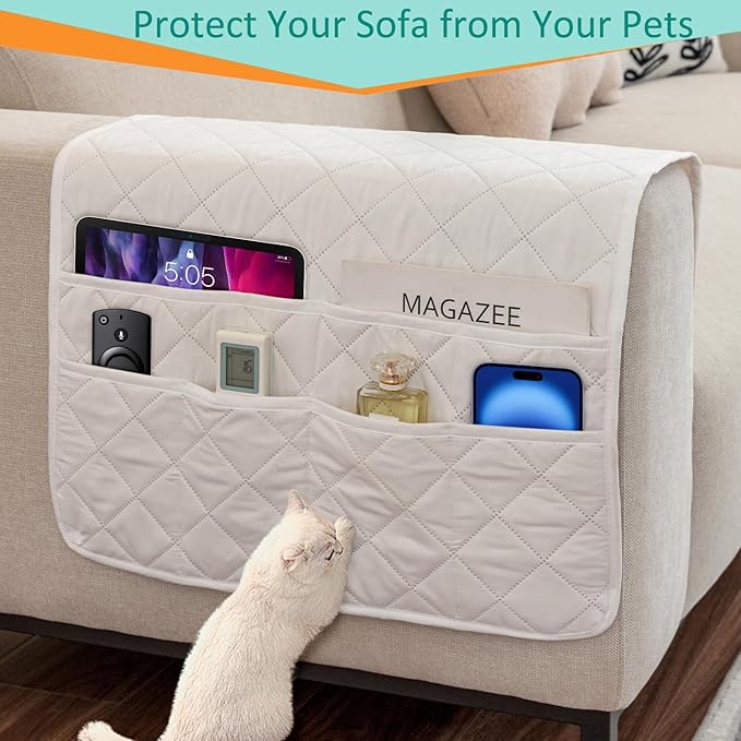 Armchair Caddy Remote Control Holder Sofa Organizer, Non-Slip Couch Arm Chair Caddy with 6 Pockets for Tablets,Smart Phone,Books,Pens,Magazines,Ipad (Off-White)