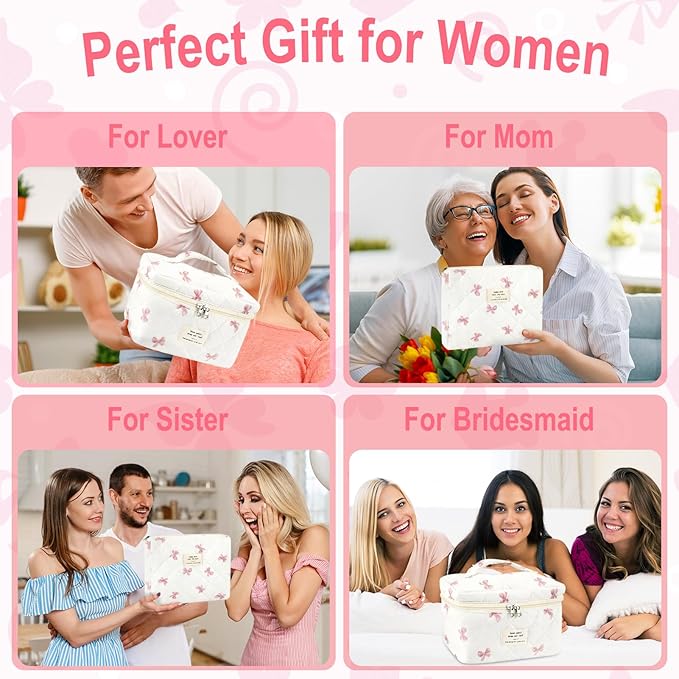 URSKYTOUS 3Pcs Cotton Quilted Makeup Bag for Women Extra Large Coquette Small Floral Travel Cosmetic Bag Set Aesthetic Cute Bow Makeup Pouch Portable Toiletry Bag Puffy Essential Storage Organizer