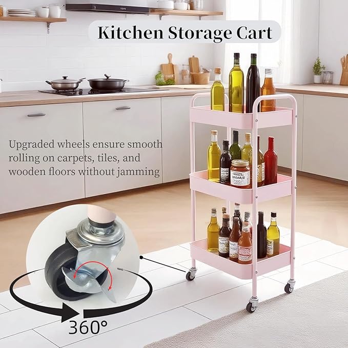 LIWNYRK 3 Tier Pink Rolling Cart for Nursery & Laundry Room with Handle & 4 Hooks, Metal Kitchen Storage Cart on Wheels and Lockable Casters, Large Capacity Sturdy Trolley for Lash Craft Bathroom