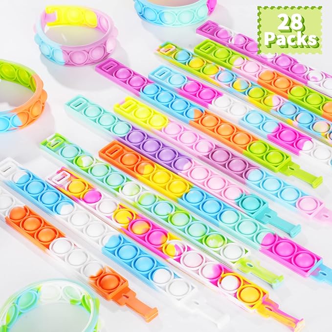 28 Packs Valentines Day Gift Cards with Pop Fidget Bracelets Toy for Kids, Stress Relief Sensory Toy for School Classroom Valentine’s Exchange Greeting Cards, Boys Girls Party Favors