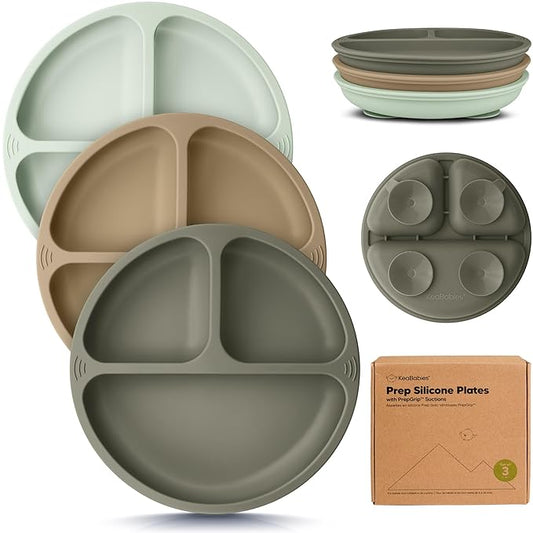 KeaBabies Suction Plates for Baby, Toddler - 3-Pack 100% Silicone Toddler Plates, Divided Baby Plates with Suction, Silicone Plates for Baby, Kids, BPA-Free, Microwave, Dishwasher Safe (Marsh)