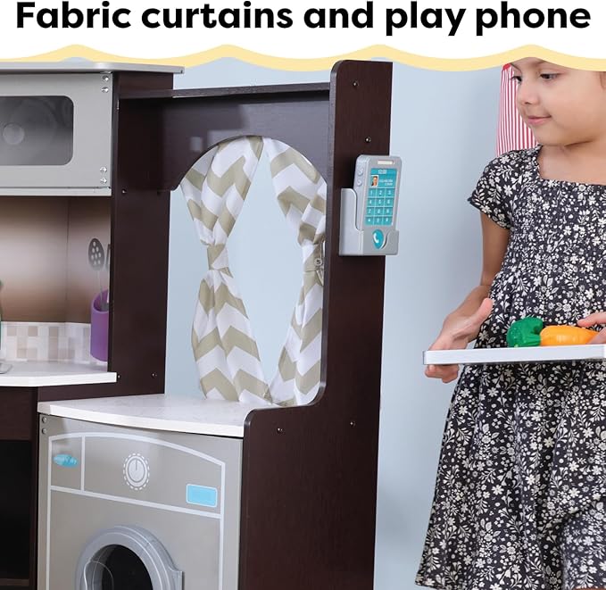 KidKraft Ultimate Corner Wooden Play Kitchen with Lights & Sounds, Play Phone and Curtains, Espresso, Gift for Ages 3+