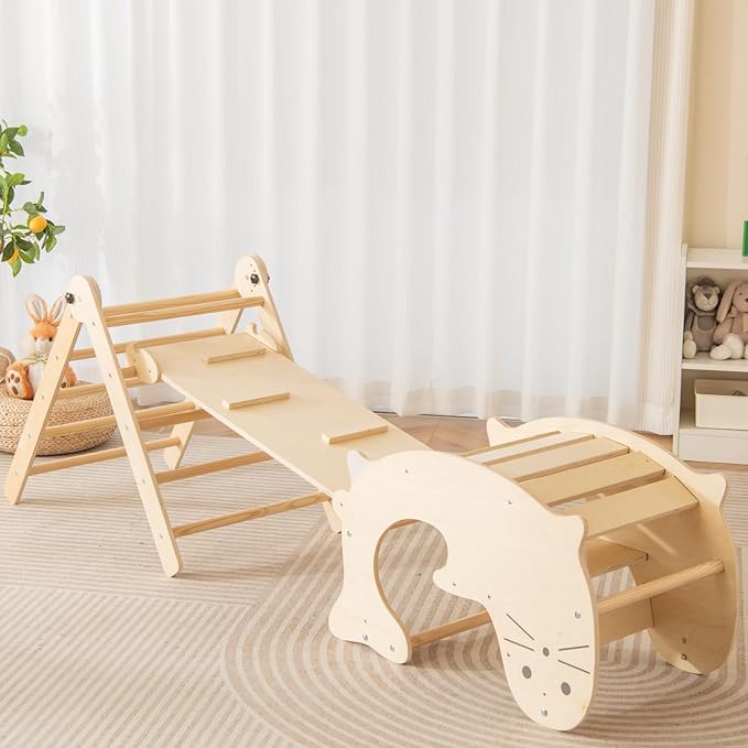 Costzon Climbing Toys for Toddlers, Foldable Montessori Wooden Arch Climber Ladder with Sliding Ramp, Play Table, Multi-Combination Methods, Kids Triangle Climber Play Gym Set for Boys Girls Present