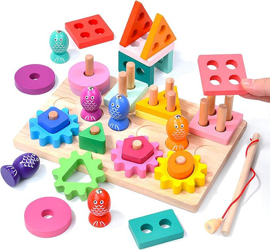 Montessori Toys for 3 4 5 Years Old Toddlers, Wooden Sorting & Stacking Toys, Shape Sorter and Color Stacker Preschool Kids Gifts, 3-in-1 Educational Toy Gift for Baby Boys Girls