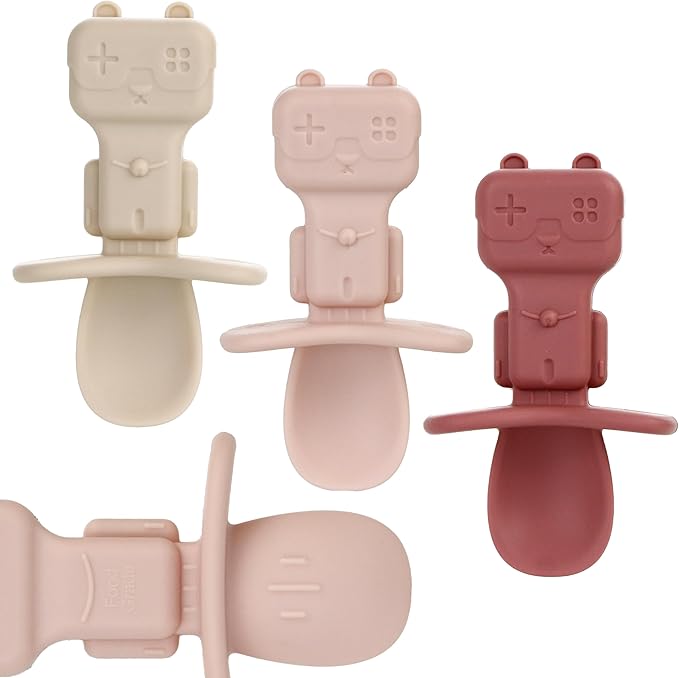3PCS Baby Spoons, Silicone Baby Spoons Self Feeding 6+ Months Robot Baby Utensils Baby Led Weaning Spoons with Anti Choke Barrier First Stage Training Toddler Spoons, BPA Free (Pink)