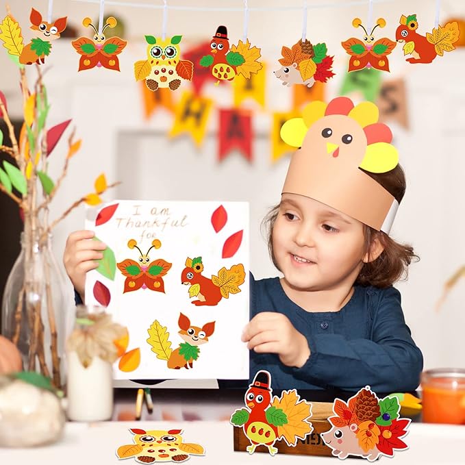Fall Craft Kits for Kids Cute Animals Turkey Autumn Owl Crafts DIY Maple Leaves Thanksgiving Crafts Bulk for Fall Theme Party Home Classroom Game Activities Party Favors (24 Sets)
