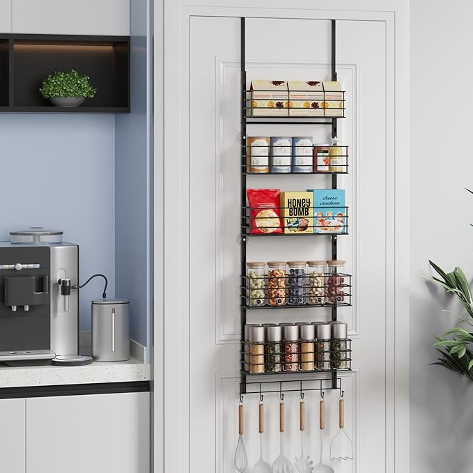 SWTYMIKI Over The Door Organizer - Door Organizer Hanging with 5 Adjustable Metal Large Capacity Basket and 6 Coat Hook, Wall Mounted Shelf for Bedroom Closet Bathroom Laundry Pantry Cabinet Kitchen