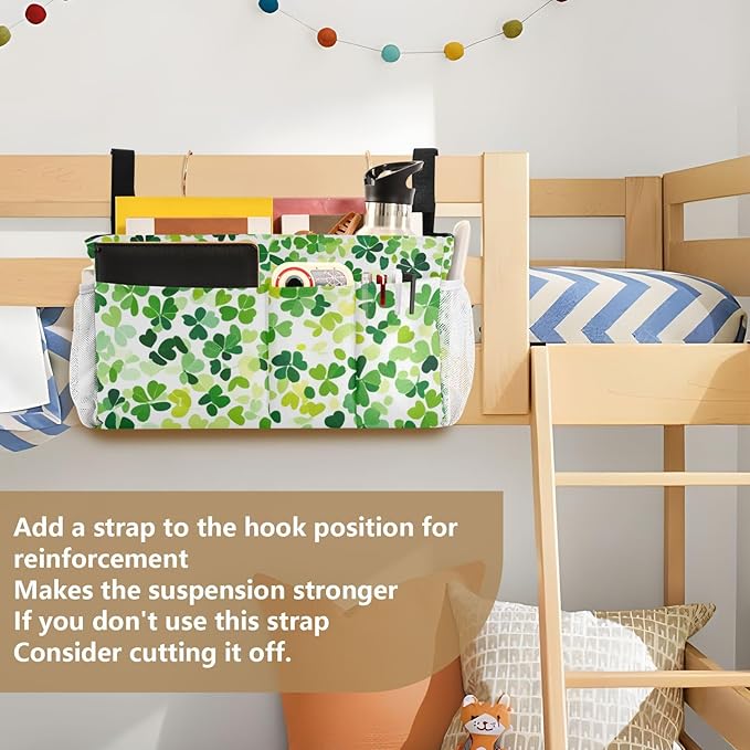 Bright Green Clover St. Patrick Bedside Caddy for Dorm Bed Bedside Hanging Caddy Bag Iron Frame Storage Organizer Pocket for Bunk Home College Hospital Beds 2 Hooks