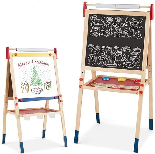 Costzon 3 in 1 Kids Art Easel with Paper Roll, Double Sided Dry Erase Chalkboard & Whiteboard, Height Adjustable Standing Easel with Storage, Painting Accessories, Magnetic Drawing Easel for Toddlers