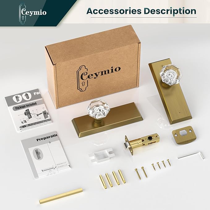 Glass Door Knobs for Interior Doors - Vintage Crystal Passage Closet & Hallway Door Knob - Diamond Cut Door Handle - Antique Brass Finish (1 Pack)