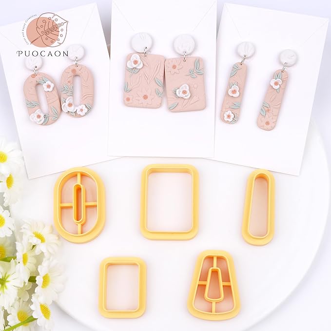 Puocaon Basic Clay Cutters Set - 16 Pcs Clay Cutters for Polymer Clay Earrings Making, Oval Rectangle Shape Clay Cutters, Dangle Earring Cutters for Polymer Clay, Floral Clay Earrings Making Supplies
