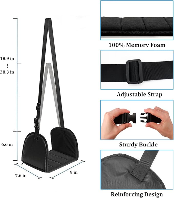 No Collapse Airplane Footrest with Extended Adjustment Strap- Airplane Foot Hammock with Memory Foam, Portable Adjustable Plane Leg Rest, Footrest Provides Relaxation and Comfort (Black)