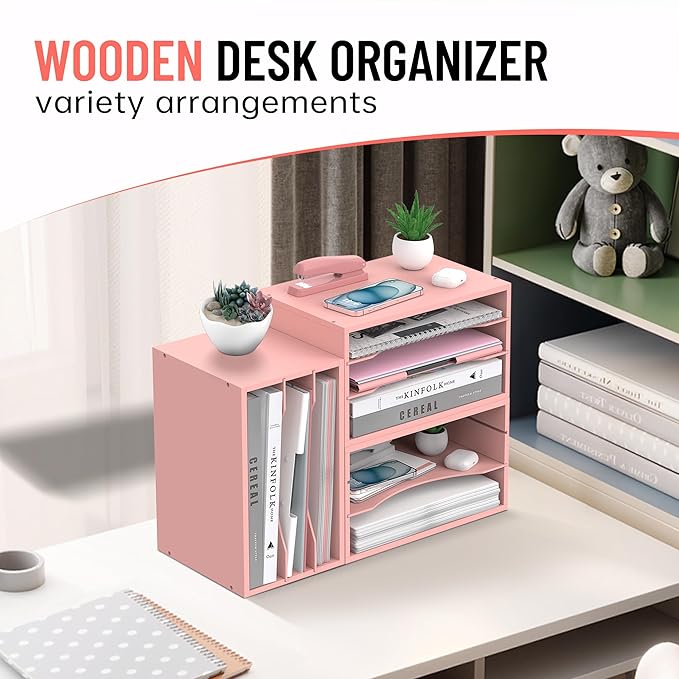 Wood Desk Organizer, 3 Tier Paper Tray Organizer for Desk with Adjustable Storage Shelves, Desktop File Organization Paper Sorter Mail Holder for Office Home Classroom, Pink