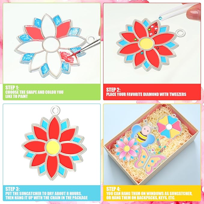 Leitee 24 Sets Spring Suncatchers Ornaments Decorations DIY Window Paint Art Suncatchers Kits Butterfly Flower Craft Hanging Snowflake Sun Catchers for Spring Summer Home Classroom Activities