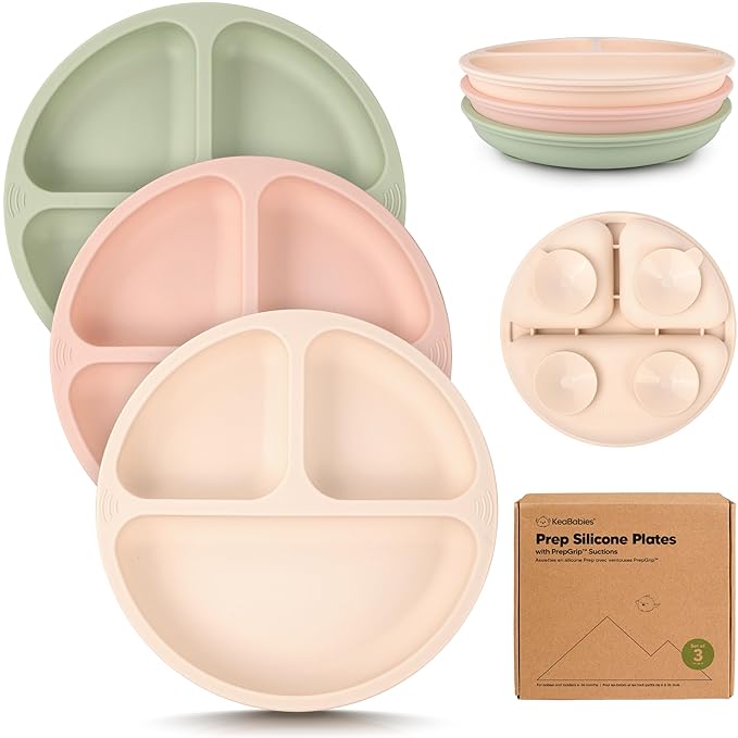 KeaBabies Suction Plates for Baby, Toddler - 3-Pack 100% Silicone Toddler Plates, Divided Baby Plates with Suction, Silicone Plates for Baby, Kids, BPA-Free, Microwave, Dishwasher Safe (Macaron)