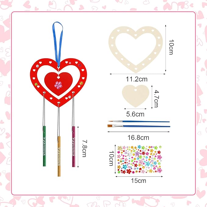 Fennoral 9 Pack Heart Wind Chime Kit for Kids Make You Own Red Heart Wind Chimes Valentine's Day Wooden Ornaments for Kids Art and Craft Valentine's Day Gifts Party Decoration