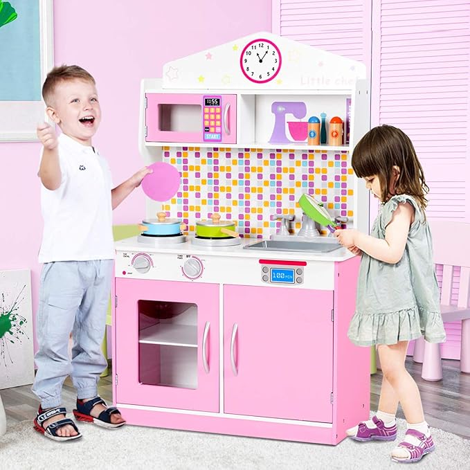 Costzon Kids Kitchen Playset, Wooden Pretend Chef Cooking Toy Kitchen with Realistic Sound, Microwave, Sink, Cookware Accessories, Pink Play Kitchen for Toddlers, Girls, Gift for Ages 3+