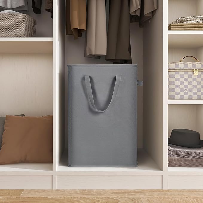 ZERO JET LAG Slim Laundry Hamper With Handles Collapsible Laundry Basket Thin Dirty Clothes Basket Narrow Laundry Bag Foldable Dirty Cloth Hamper 45L (23 inches,Grey)