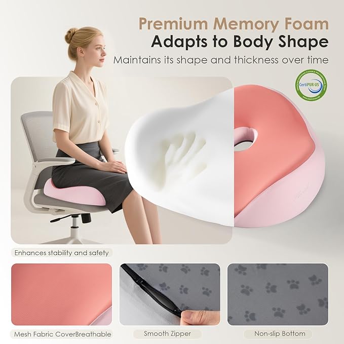 FLORICH Car Seat Cushion for Driving, Memory Foam Seat Cushion for Car Office Chair, Ergonomic Office Seat Chair Cushion for Sciatica Pain Relief, Larger Car Seat Cushion for Car - Pink