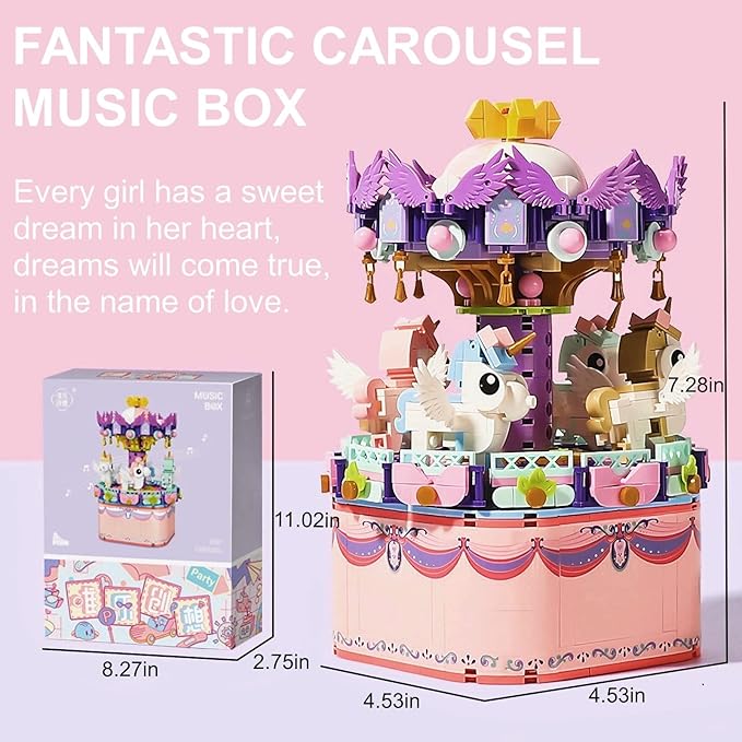 Rotating Carousel Model Building Sets with Music Box, Girls Toys 6 7 8 9 10 11 12 13 14 Years Old and up, Toys for Girls Christmas and Birthday Gifts for Adults and Kids (874pcs)