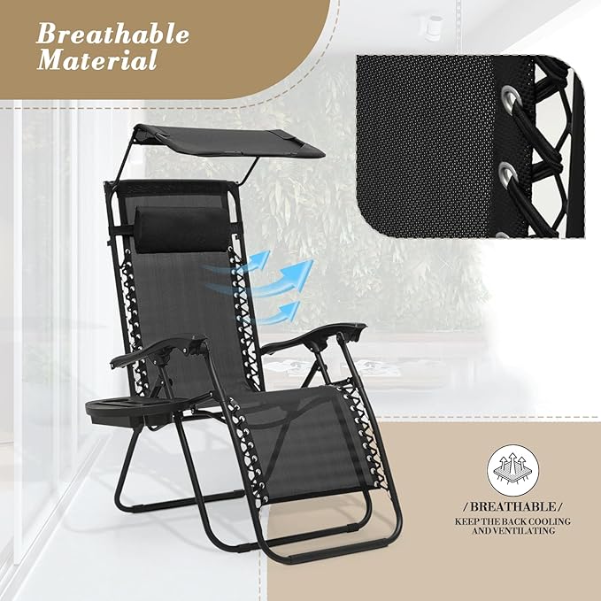Athena Collection Zero Gravity Outdoor Lounge Chair Set of 2 with Canopy Shade, 25" Width Pool Lounge Lawn Chairs Reclining with Cup Holder, Outdoor Chaise for Beach Patio Outside, Black