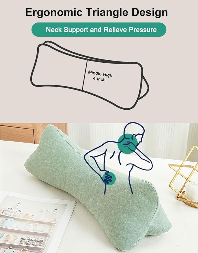 Breathable Buckwheat Cervical Neck Support Pillow, Triangle Pillows for Neck Pain Relief, Adjustable Height Cool Sleep Cylinder Bolster Pillow, Removable Washable, Green 15 X 5 Inches