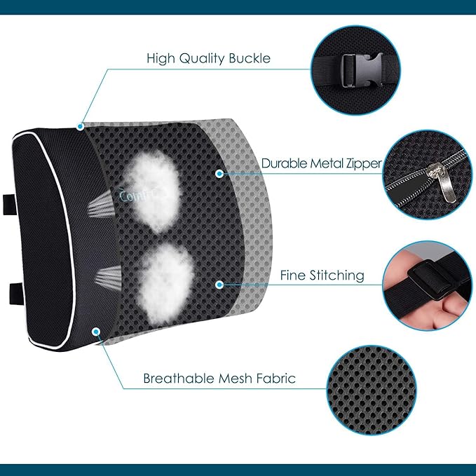 Coccyx Seat Cushion and Lumbar Support Pillow for Office Chair Wheelchair, Orthopedic Car Seat Cushion Memory Foam Back Support Cushion for Lower Back Pain,Tailbone & Sciatica Pain Relief Black