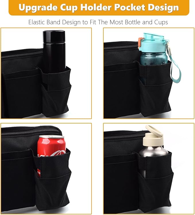Wheelchair Side Bag with Cup Holder,Wheelchair Armrest Accessories Storage Pouch for Rollator，Walker，Power Wheelchairs，Nylon Walker Side Bag, Black